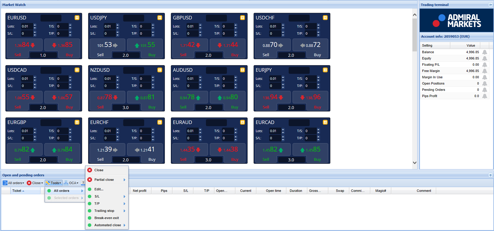 Alarms: enables all positions to be closed if certain key account limits are triggered.